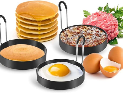 3.5" Egg Rings Set of 4 with Silicone Handle, Large Ring for Frying Eggs, Round Mold for English Muffins - Griddle Cooking Shaper for Indoor Camping Breakfast Sandwiches w/Silicone Oil Brush