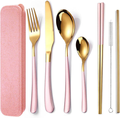 AARAINBOW 7 Pieces Stainless Steel Flatware Set Portable Reusable Cutlery Set Travel Utensils Set Including Chopsticks Knife Fork Spoon Straws Cleaning Brush Dishwasher Safe (B-Pink Golden)