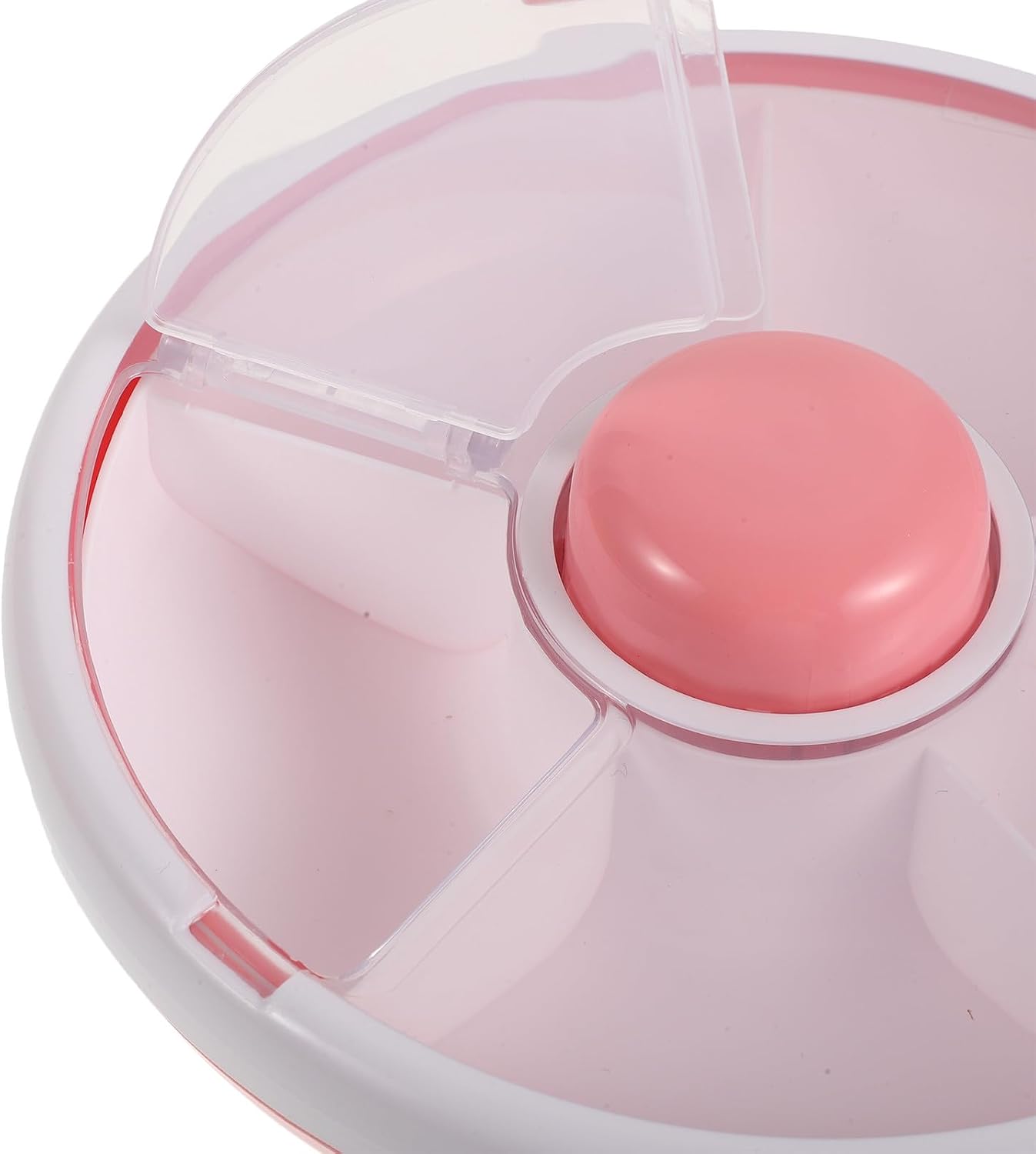 Compartmentalized Snack Tray with Lid, Portable Rotating Kids Snack Container for Dry Fruits, Candies, Crackers, Great for Picnics, Travel, Parties Pink
