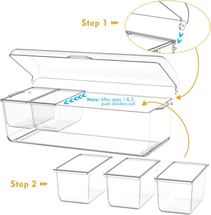 Condiment Tray with Stainless Steel 5 Spoons, 5 Forks and 1 Clip, Chilled Condiment Server, Condiment Server, Bar Garnish Holder on Ice, Bar Accessories Fruit and Salad with Removable Trays and Lid