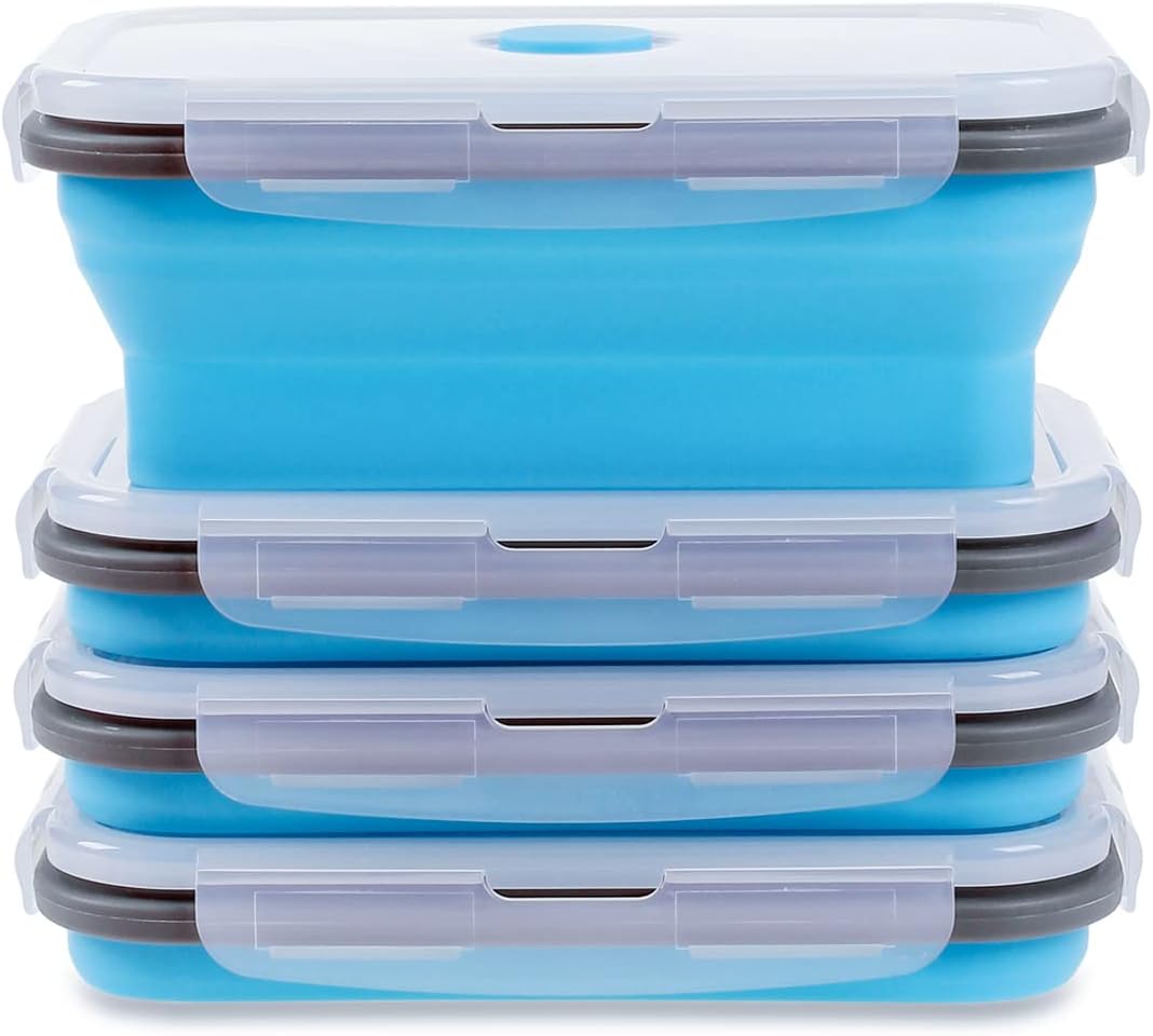Collapsible Food Storage Containers with Lids, 4 Pack, 40 oz Silicone 1-Compartment Meal Prep Containers Reusable, Lunch Bento Boxes for Adults, Microwave Freezer Dishwasher Safe, BPA-Free, Black
