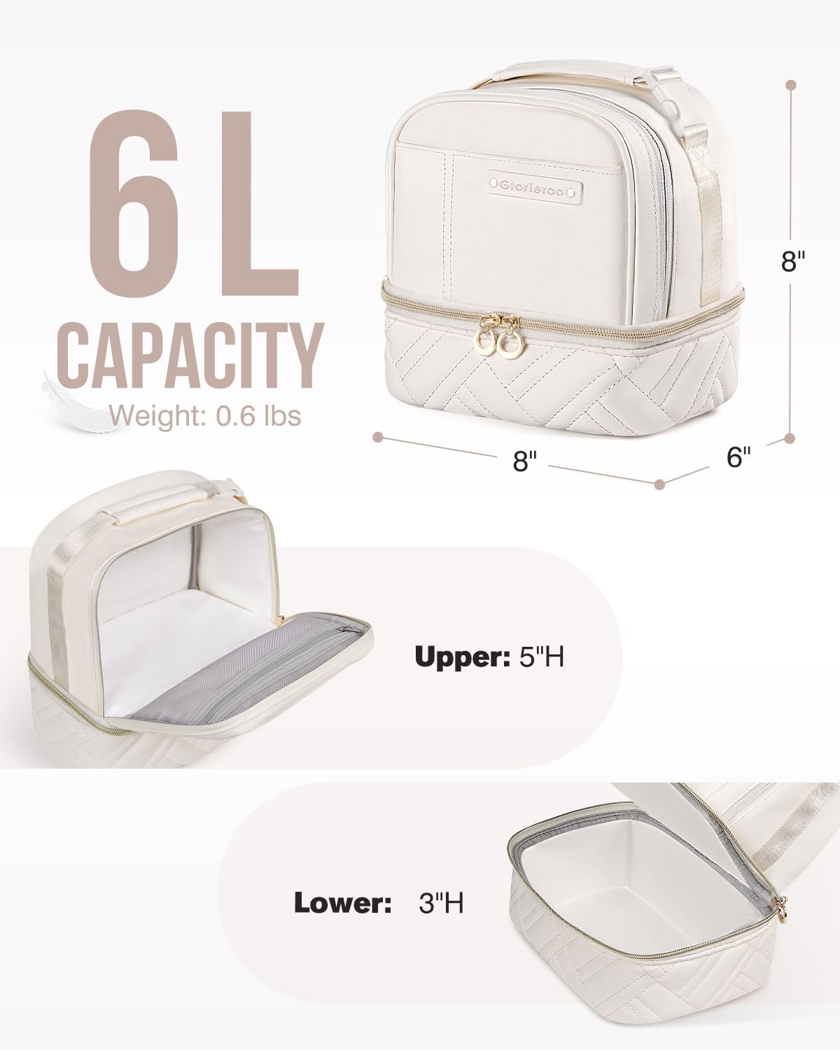 Double Deck Lunch Box Bag Women - Vegan Leather Insulated Waterproof Leakproof Cooler for Work Travel Picnics - Teacher Mothers Day Christmas Birthday Gifts
