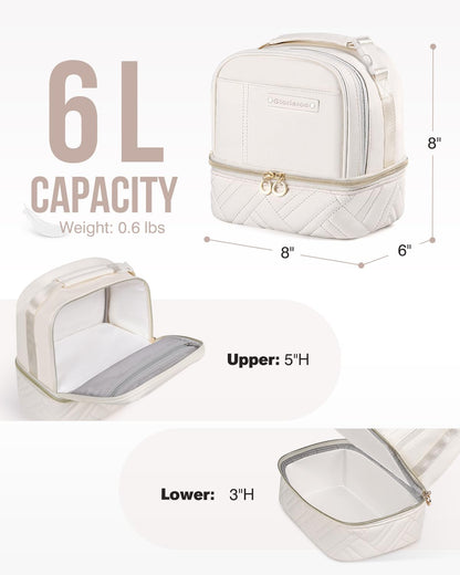 Double Deck Lunch Box Bag Women - Vegan Leather Insulated Waterproof Leakproof Cooler for Work Travel Picnics - Teacher Mothers Day Christmas Birthday Gifts