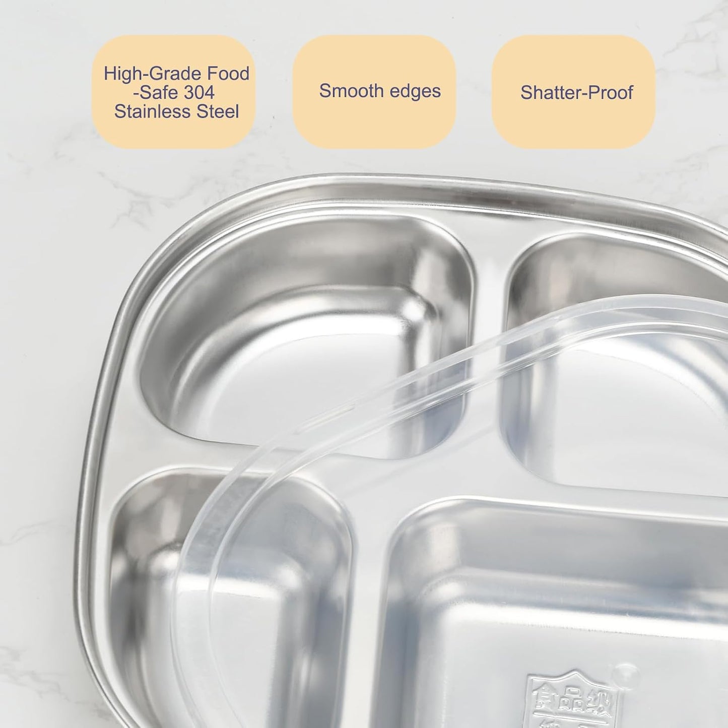 4-Pack Stainless Steel Divided Plates with Lids –Portion Control Meal Trays for Balanced Meals – BPA-Free, Shatterproof, Dishwasher Safe – Ideal for Home, Travel, School (Colorful-3-Section)