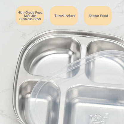 4-Pack Stainless Steel Divided Plates with Lids –Portion Control Meal Trays for Balanced Meals – BPA-Free, Shatterproof, Dishwasher Safe – Ideal for Home, Travel, School (Colorful-3-Section)