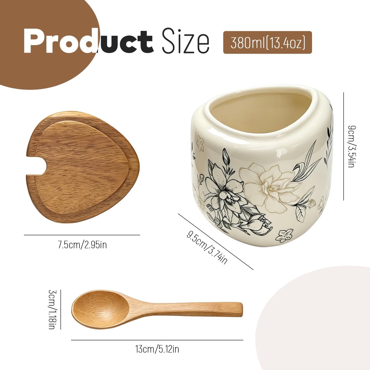 Ceramic Salt Cellar Bamboo Lid Spoon 3.5" Wide 12oz
