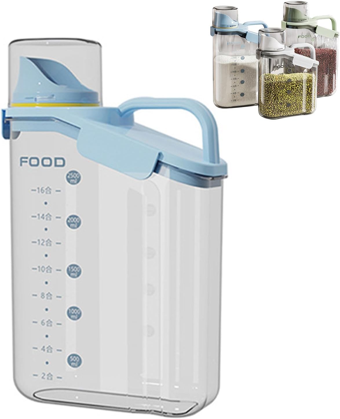 Cereal Containers Dispenser Rice Storage Container Clear Food Storage Containers Measuring Cup Pour Spout With Lids Airtight For Kitchen Grain Dry Food Pet Dog Food Organization（Green 2L）