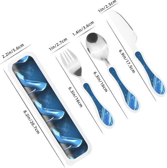 3-Piece Kids Silverware Set With Storage Case, Stainless Steel Reusable Children Safe Knife Spoon Fork Set Blue Lotus Floral Children Flatware Set For Kids Lunch Box