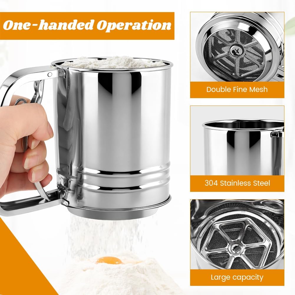 Flour Sifter Set, 4‑in‑1 Stainless Steel Double Layer Fine Mesh Sifter