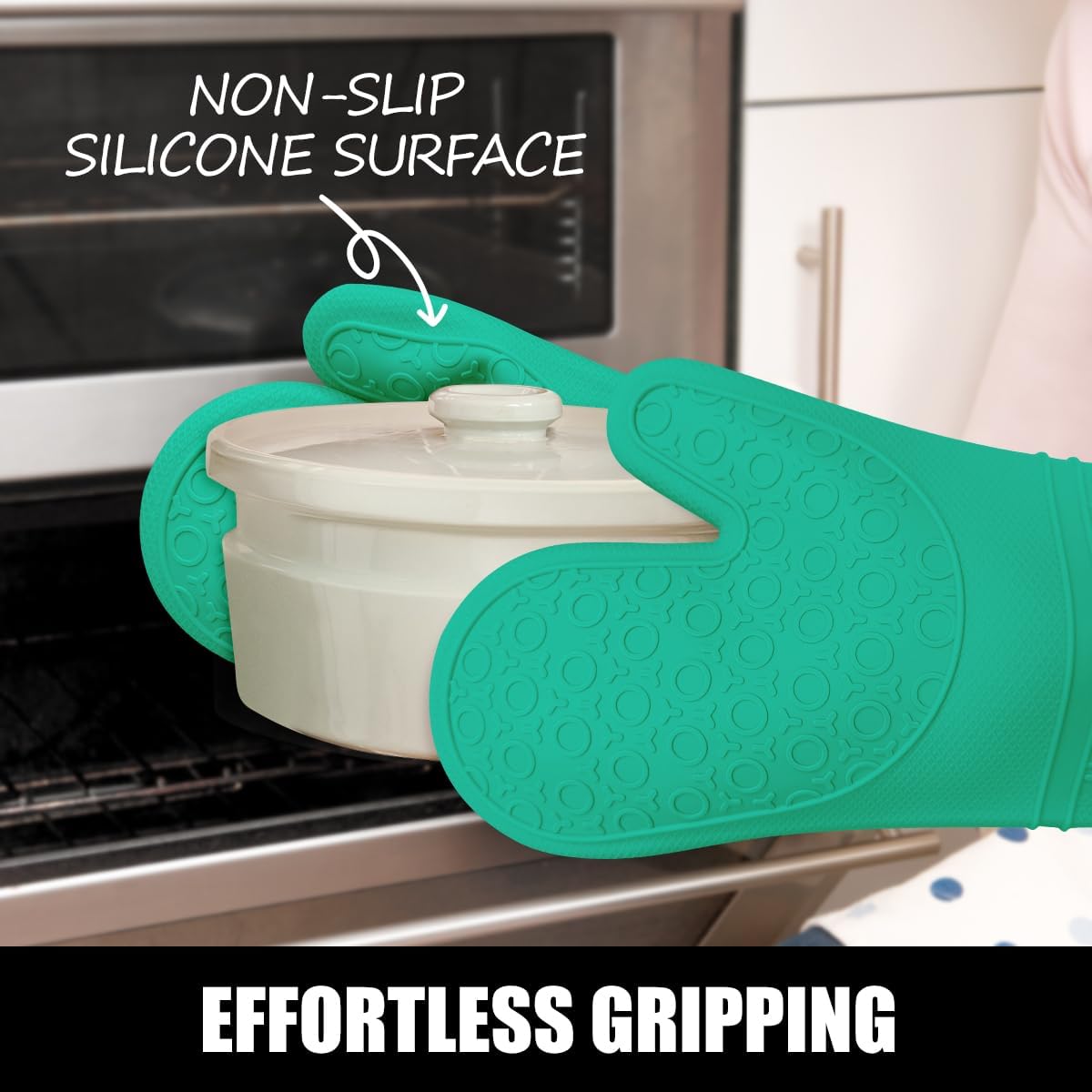 RORECAY Silicone Oven Mitts and Pot Holders Sets, Gloves for Kitchen, Beige