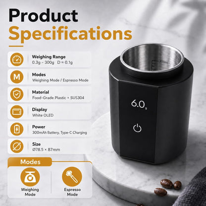 Espresso Scale with Auto Timer, 3‑in‑1 SUS304 Coffee Dosing Cup, 0.1g Precision 300g, USB‑C Rechargeable OLED Display, Portable Shot Scale for Coffee Beans & Ground Powder, Black
