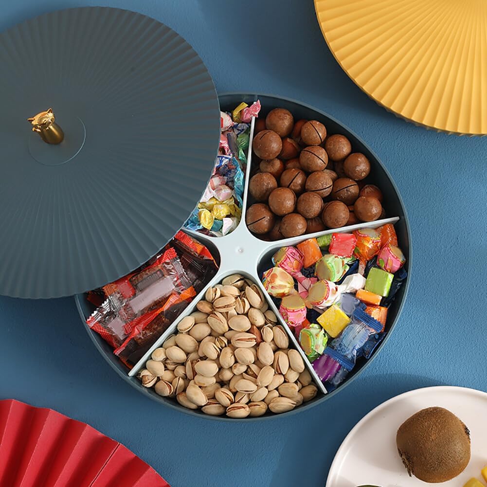 Surakey 12" Appetizer Tray Snack Serving Tray with Lid 5 Compartments 360 Degrees Rotatable Plastic Food Storage Organizer for Dried Fruits Nuts Candies Sweet Cookies (Blue)