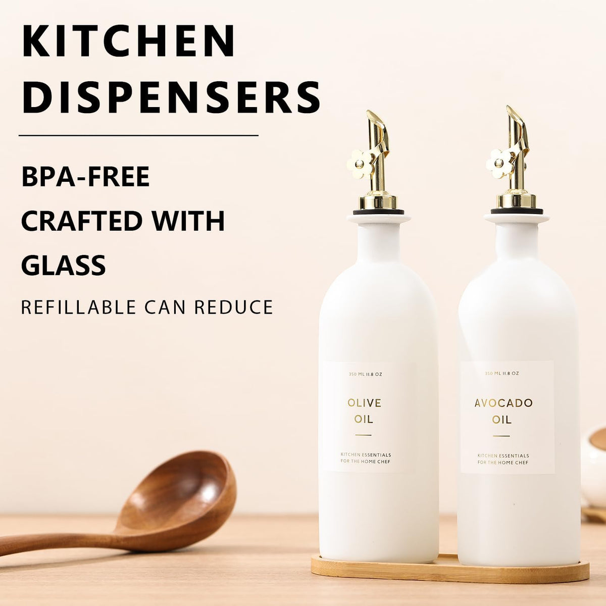 HOMCDALY Olive Oil Dispenser for Kitchen, 12oz Glass kitchen Dispenser Bottle, Gold Oil&Vinegar Cruet Set, Leakproof Oil Containers for Cooking| Set of 2 (12oz – Gold)