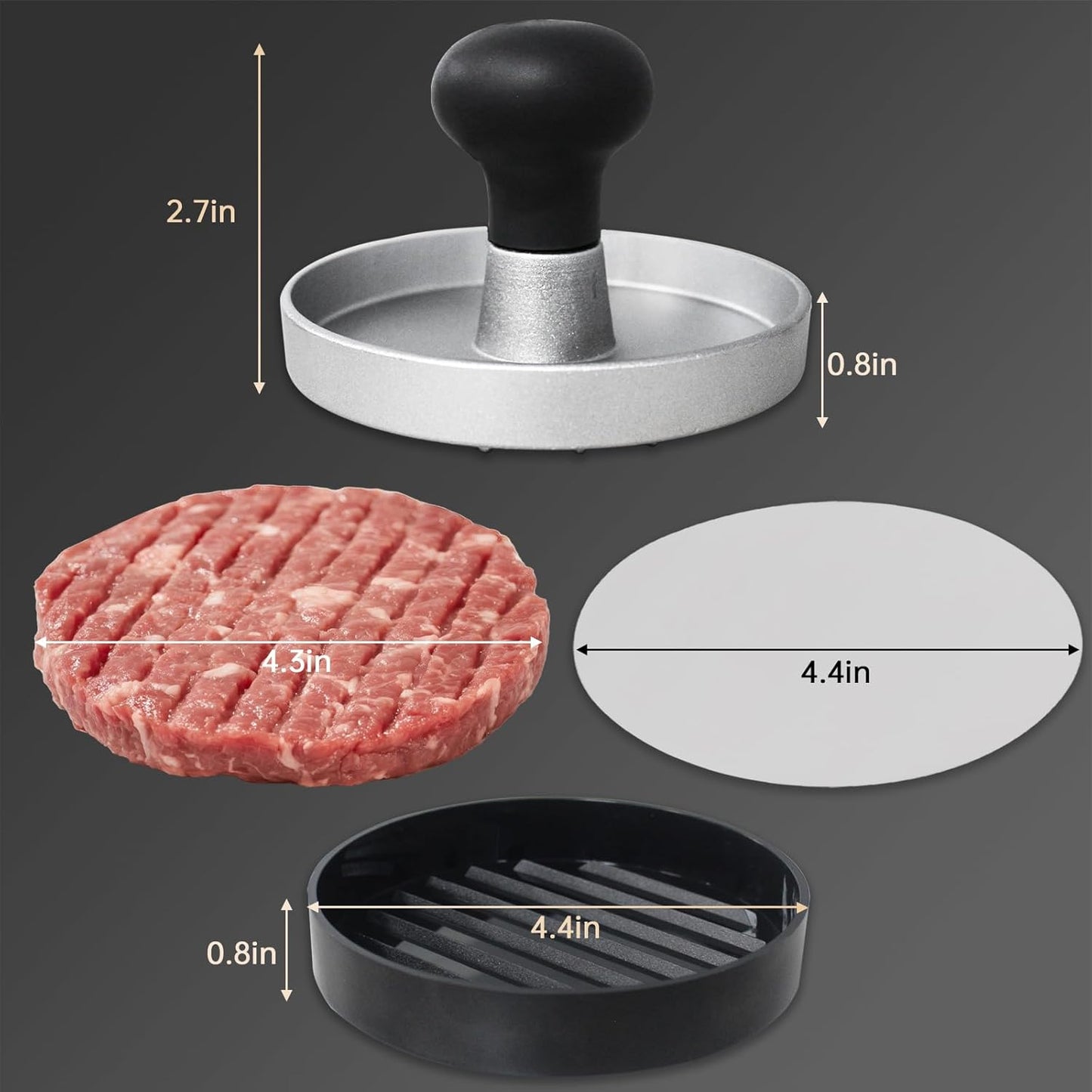 Burger Press Patty Maker Stainless Steel Hamburger Patty Press Mold Wood Handle Non-Stick with 100 Patty Papers,BBQs, and Cooking – Perfect for Flattening Patties and Searing Juicy Burgers