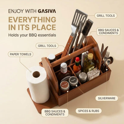 Grill Caddy for Outdoor Grill with Paper Towel Holder, Wooden BBQ Organizer for Utensils, Plates, Condiments and Silverware Rustic Picnic Table Caddy for Camping, Backyard Cooking and BBQ Accessories