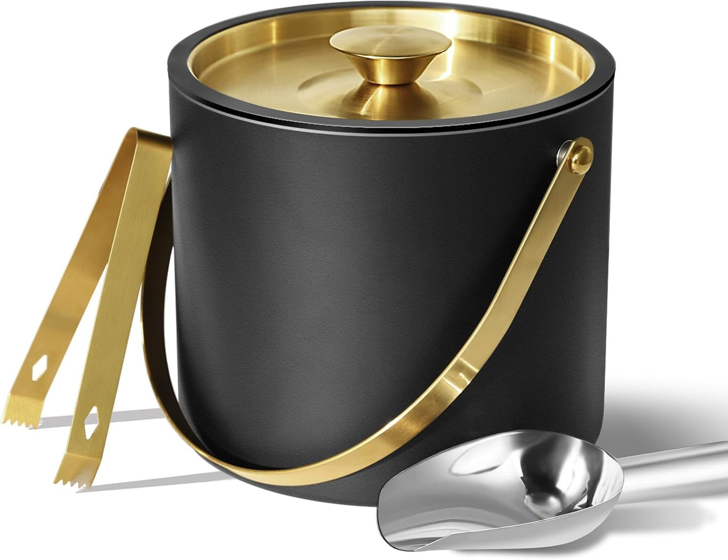 Bakpoco Insulated Ice Bucket with Silicone Lid, Scoop, Tongs & Strainer, 3L Stainless Steel Double Wall Ice Buckets for Parties & Cocktail Bar, Champagne Ice Bucket with Lid for Freezer, Ivory