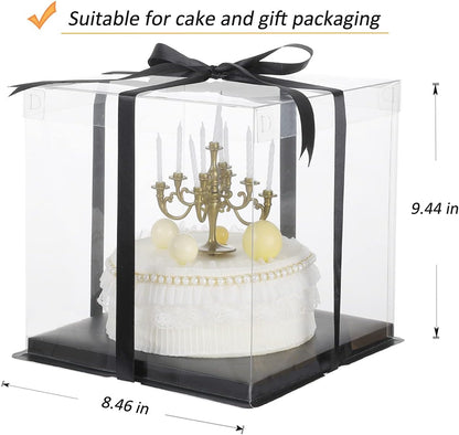 XININSUN 2Pcs Large Cake PET Clear Box, 10" X 10" X 9" with ribbon and pre-folded lid, for 8" cake packing carry, baking cookie display, Carry Tall Layer Gift, Festive Gift Box -White