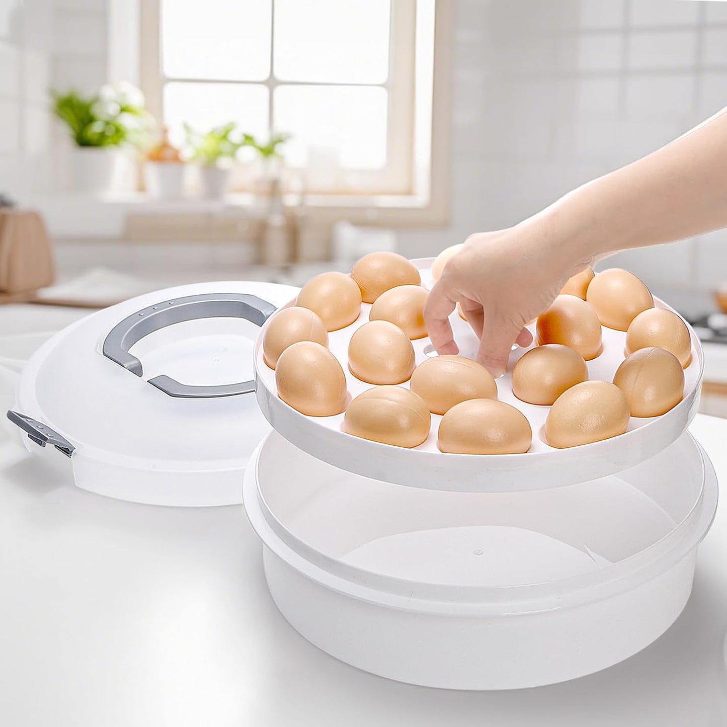 Lawei 12 Inch Round Dessert Carrier with Lid and Handle, 3-In-1 Portable Food Container for Pie, Cupcake, Cheesecake, Deviled Egg, Plastic Cake Transport Container Egg Holder for Picnics, Easter