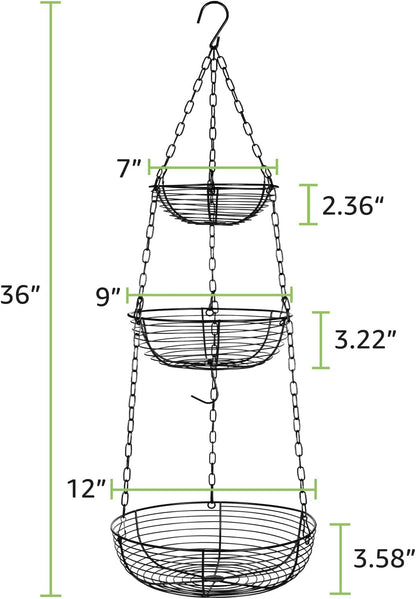 HULISEN 3 Tier Hanging Fruit Basket with Banana Hook, 36-Inch Heavy-Duty Wire Hanging Baskets for Kitchen Storage, Vegetable Produce Organizer (Including Installation Bracket)