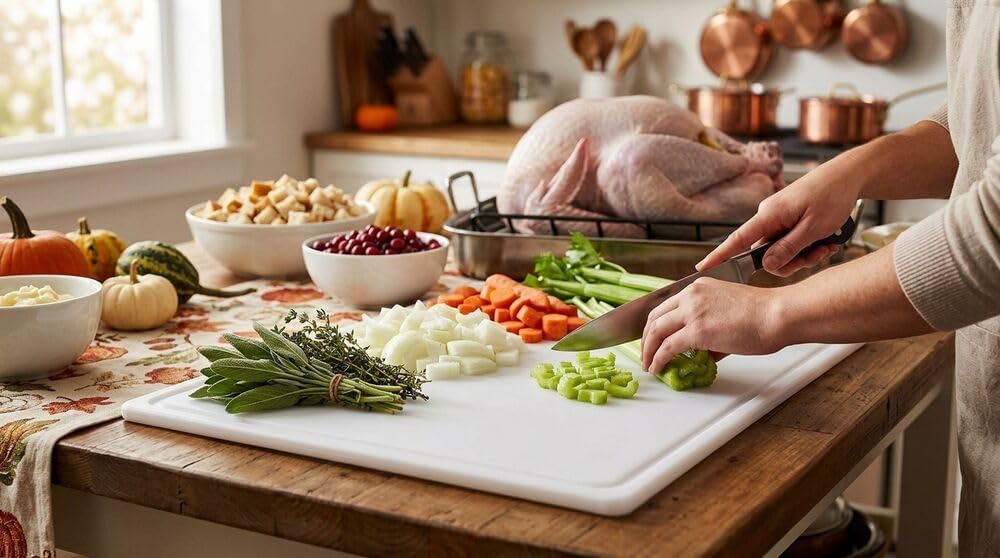 FARBERWARE Large Cutting Board, Dishwasher- Safe Plastic Chopping Board for Kitchen with Easy Grip Handle, 11in by 14in, White