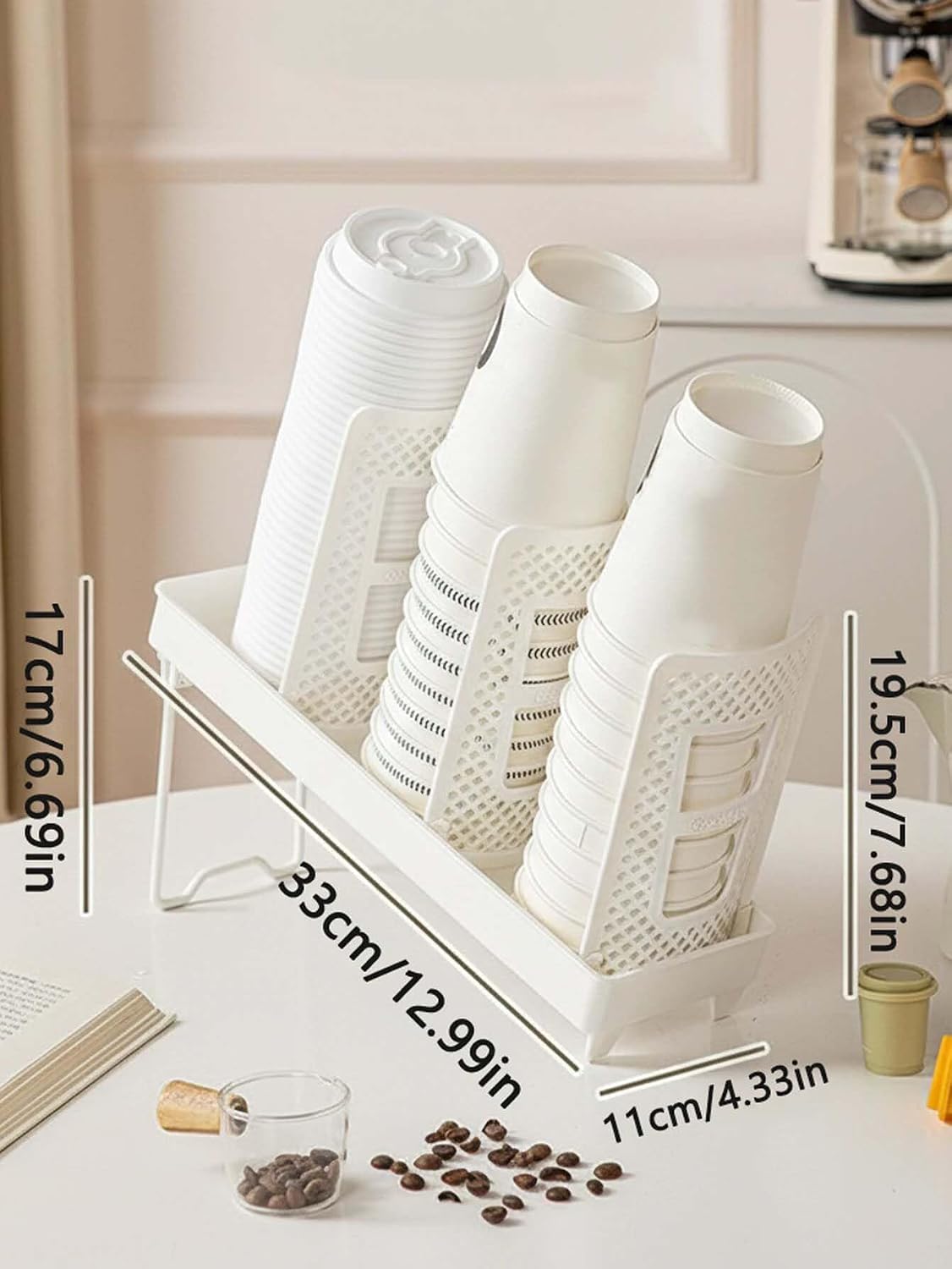 Paper Cup and Lid Holder,Disposable Plastic Coffee Cup Dispenser,3-Slot Upright Paper Cup Dispenser for Coffee Stations,Kitchens,Bars,Restaurants,Lounges,Single Row,White