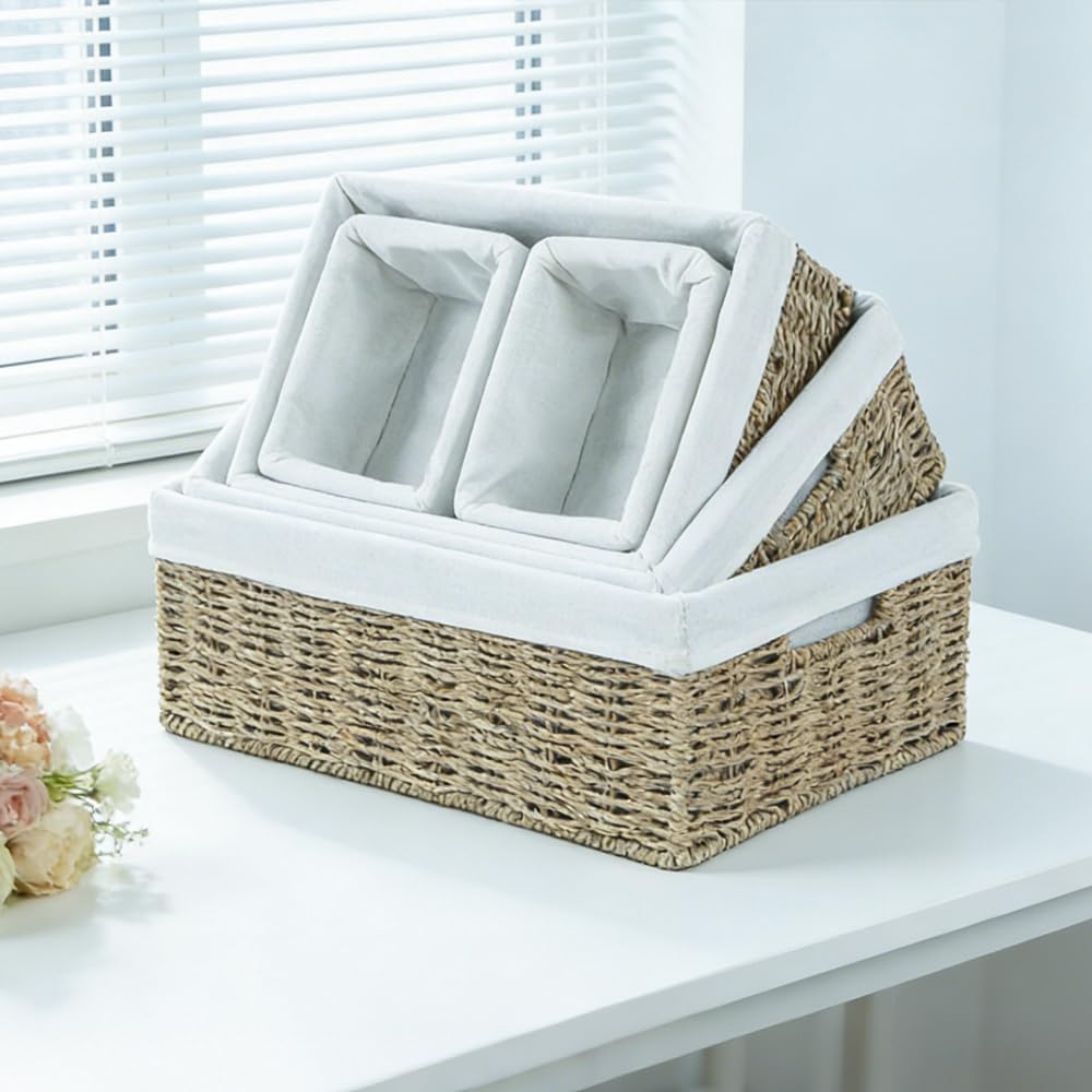 Water Hyacinth Shelf Baskets 4-Pack, Handwoven Wicker Bins with Removable Linen Liners – Divided Upper Compartment & Open Handles, Stackable for Pantry Bathroom Closet