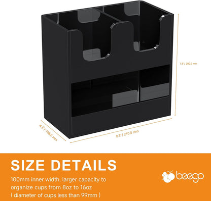 Beego 2-Compartment Cup Holder for Countertop - 2-Tier Clear Acrylic Cup Dispenser Coffee Station Paper Cup and Lid Organizer Condiment Storage for Restaurant Breakroom Kitchen Bar Accessories