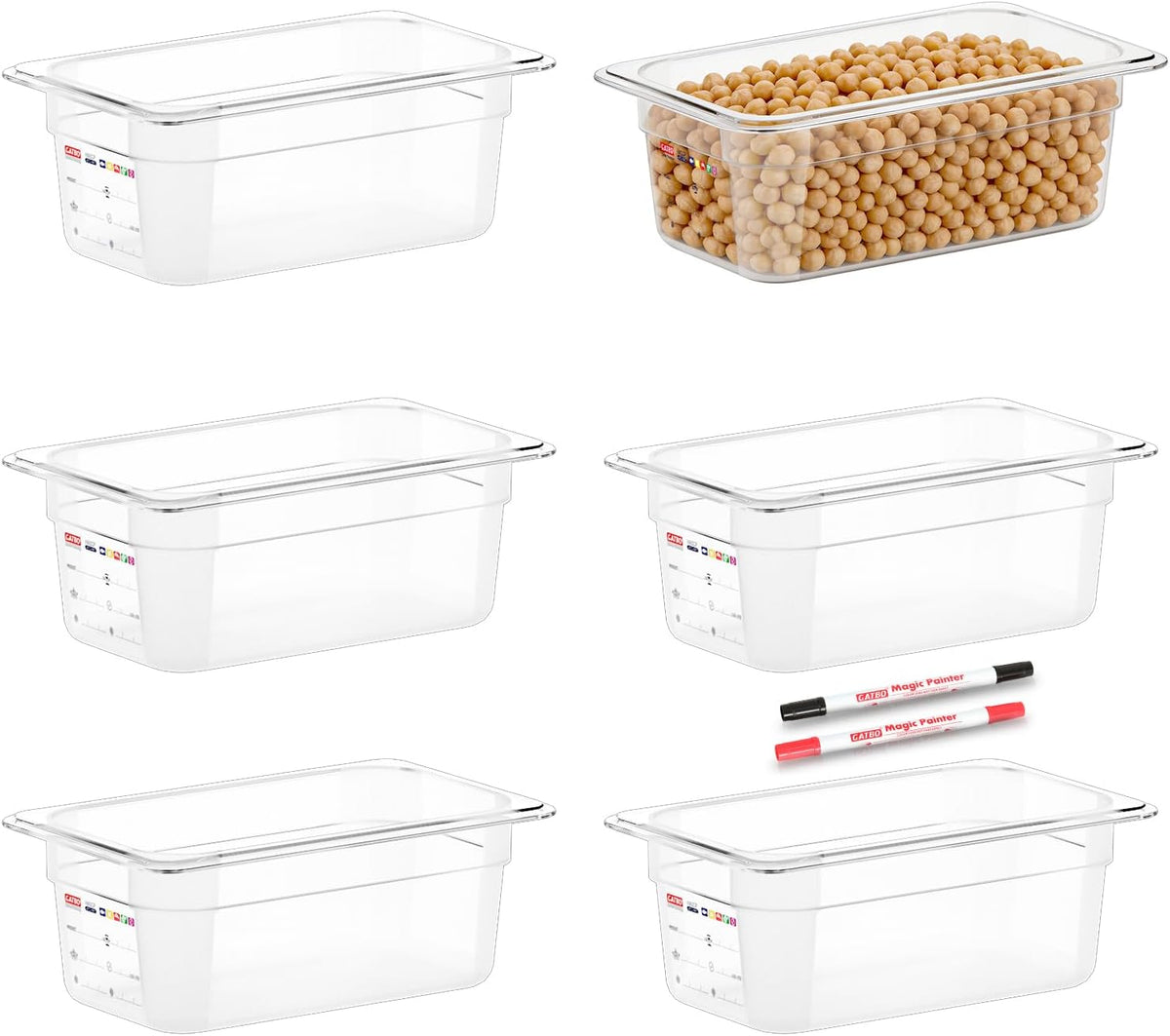 6 -Pack 1/4 Size 4" Deep Polycarbonate Food Pans, and Handled & Notched Lids Bundle
