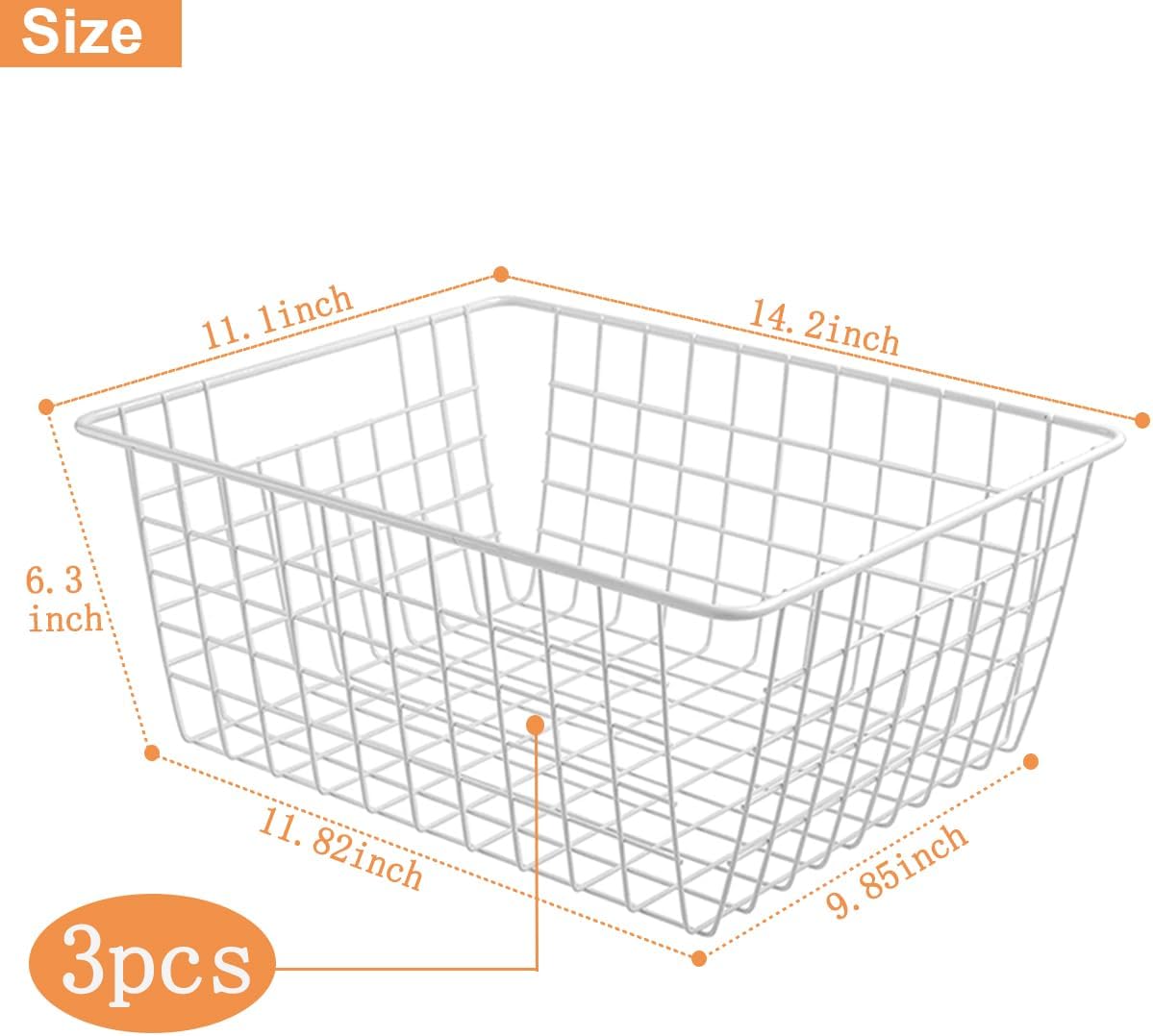 3 Pack Large Wire Baskets for Organizing 14.2'' Metal Wire Baskets with Built-in Handles, Wire Storage Basket Black Metal Freezer Organizer Wire Basket for Pantry, Cabinets, Bathroom