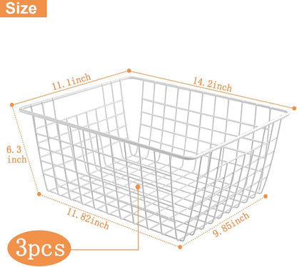 3 Pack Large Wire Baskets for Organizing 14.2'' Metal Wire Baskets with Built-in Handles, Wire Storage Basket Black Metal Freezer Organizer Wire Basket for Pantry, Cabinets, Bathroom