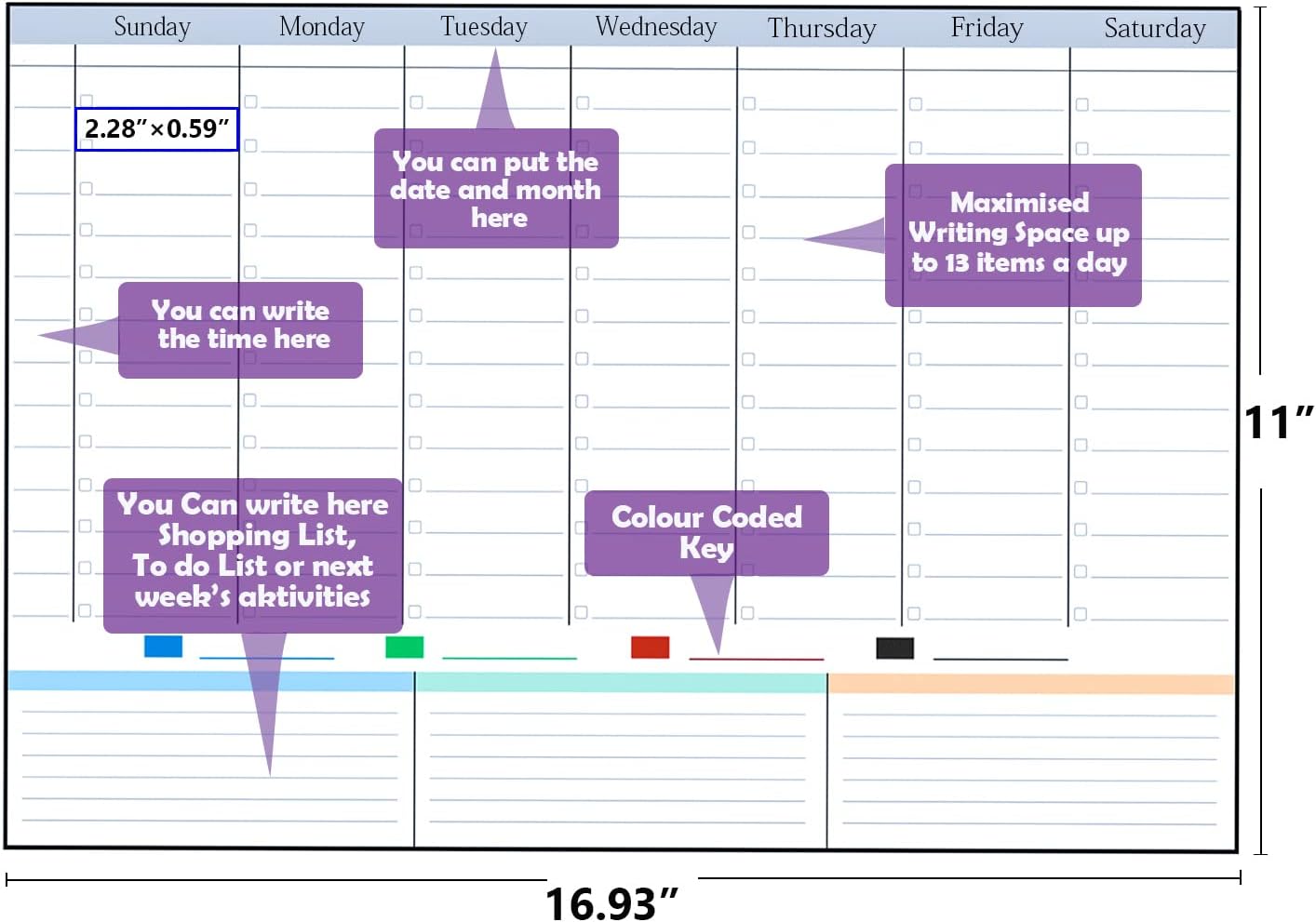 POPRUN Magnetic Weekly Dry Erase Fridge Calendar, 16.9"x11" Whiteboard Planner for Schedule, Shopping Lists, Household Chores, Ideal for Family, Office, Work and Study