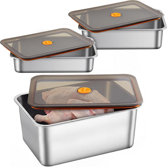 Reallnaive 2 Pcs Stainless Steel Marinade Containers with Lid, 5.6 Qt Metal Meat Brining Containers, Brining Prep Storage Box Dishwasher Safe Bpa Free for BBQ Tailgates Storage
