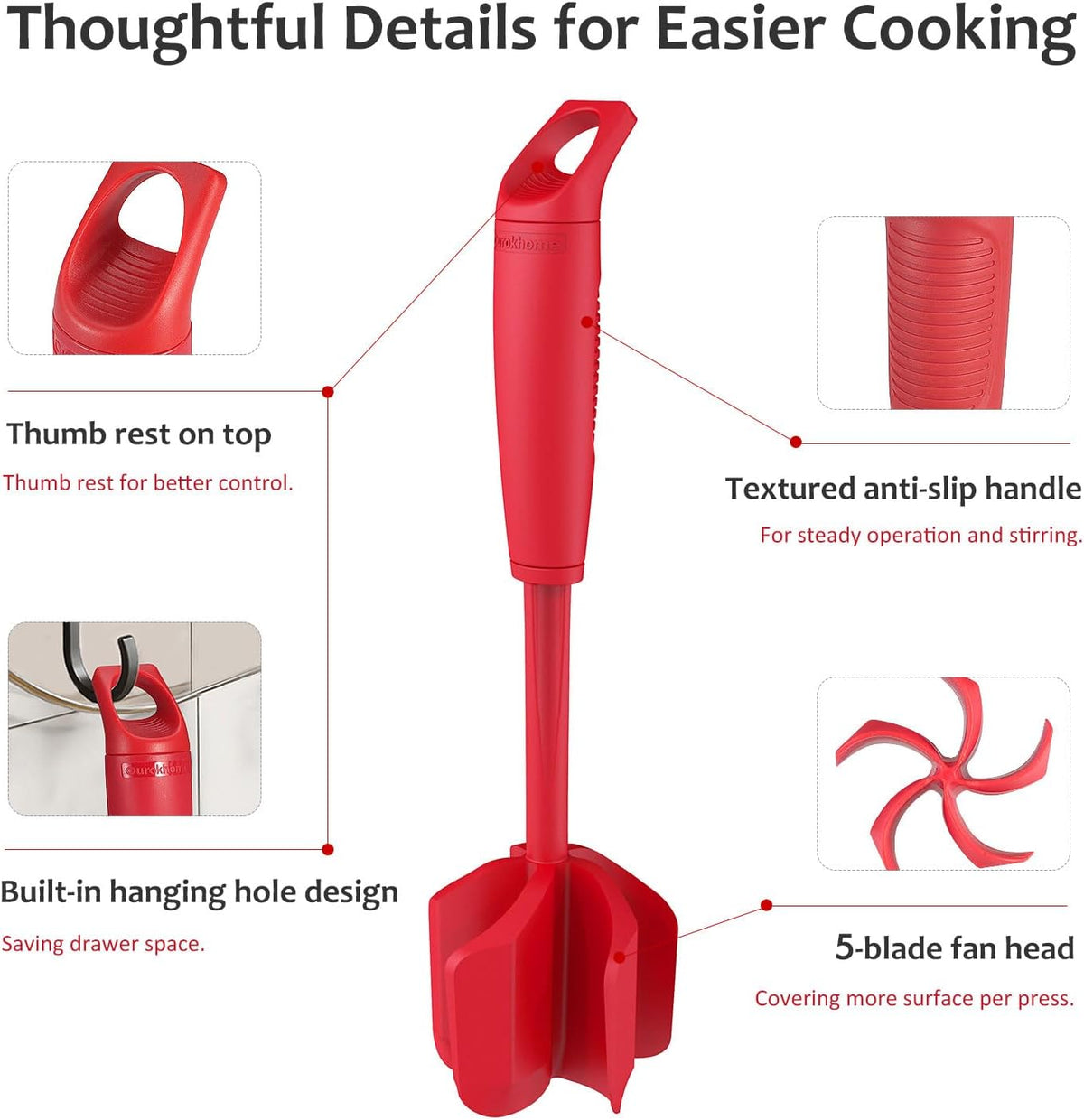Ourokhome Meat Chopper and Potato Masher, Heat Resistant Nylon Ground Beef Smasher for Hamburger, 5 Curved Blades Nonstick Safe Mixer & Stirrer, Practical Kitchen Gadgets, Mint
