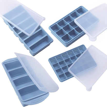 Silicone Freezer Molds Gift Set with 1 Tbsp,2 Tbsp, 1/2, and 1 Cup Silicone Freezer Trays With Lids - Meal Prep and Kitchen Essentials Bundle (Blue 4 Pack)