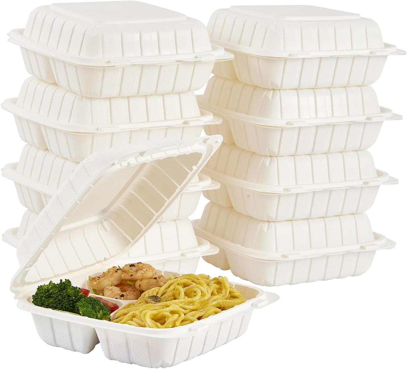 8X8 3-Compartment 50-Pack Plastic Clamshell Takeout Food Trays Heavy Duty Togo Disposable Box Carryout Meal Prep Packaging Catering Hinged Containers With Secure Snap Lid (Formerly FULING)