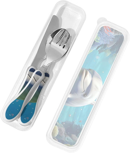 3-Piece Kids Silverware Set With Storage Case, Stainless Steel Reusable Children Safe Knife Spoon Fork Set Astronaut Cat Fish Children Flatware Set For Kids Lunch Box