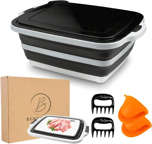 BBQ Prep Tub | Meat Prep Tub with Locking Lid, 2 Meat Shredder Claws & BBQ Mitts Collapsible with Cutting Board, Drain Plug Portable for Camping & Grill Design Picnic,Marinating Meat,Gift For Mothers