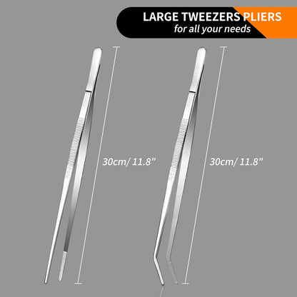 2-Piece Kitchen Tongs Set – 12-Inch Stainless Steel BBQ Tweezers with Straight & Curved Edges, Non-Slip Grip, Heavy Duty for Grilling Steak, Flipping Pancakes, Salads & Cooking