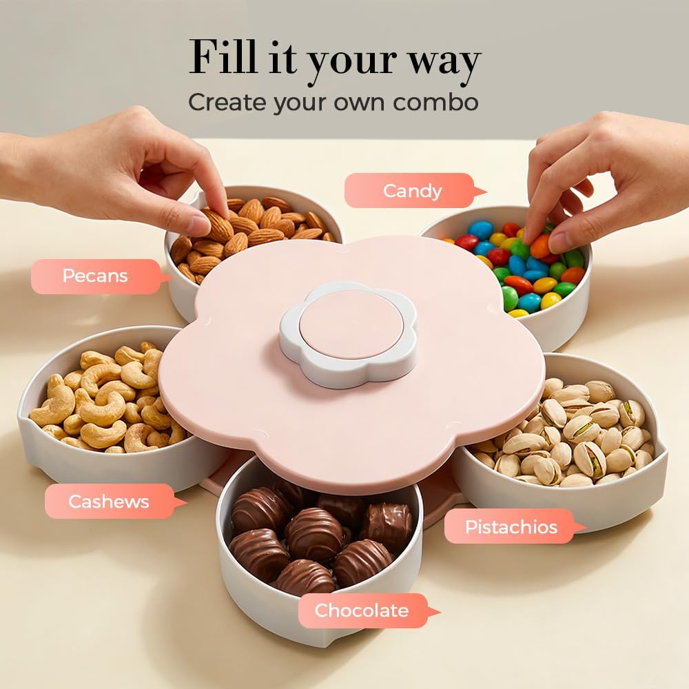 Divided Serving Tray that Spins, Flower Shaped Rotating Snack Container with Lid, 5-Compartment Twist and Turn Snack Fruit Food Platter Tray for Picnic Parties Home Kitchen (Pink)
