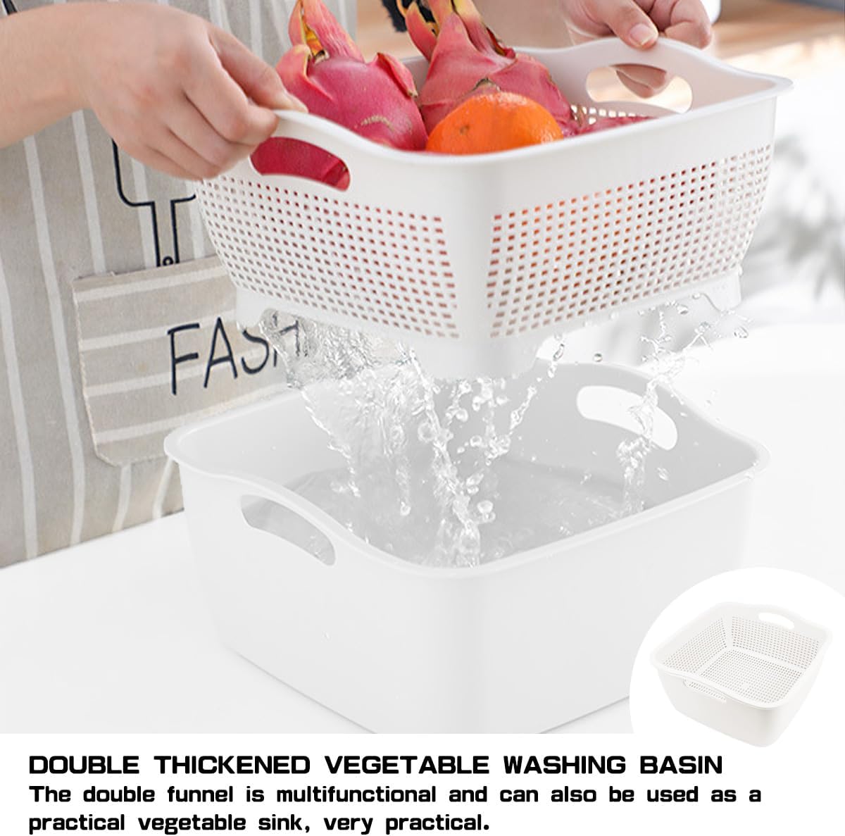 Double-layer Draining Basket Plastic Fruits & Vegetable Washing Basket for Kitchen (Blue)