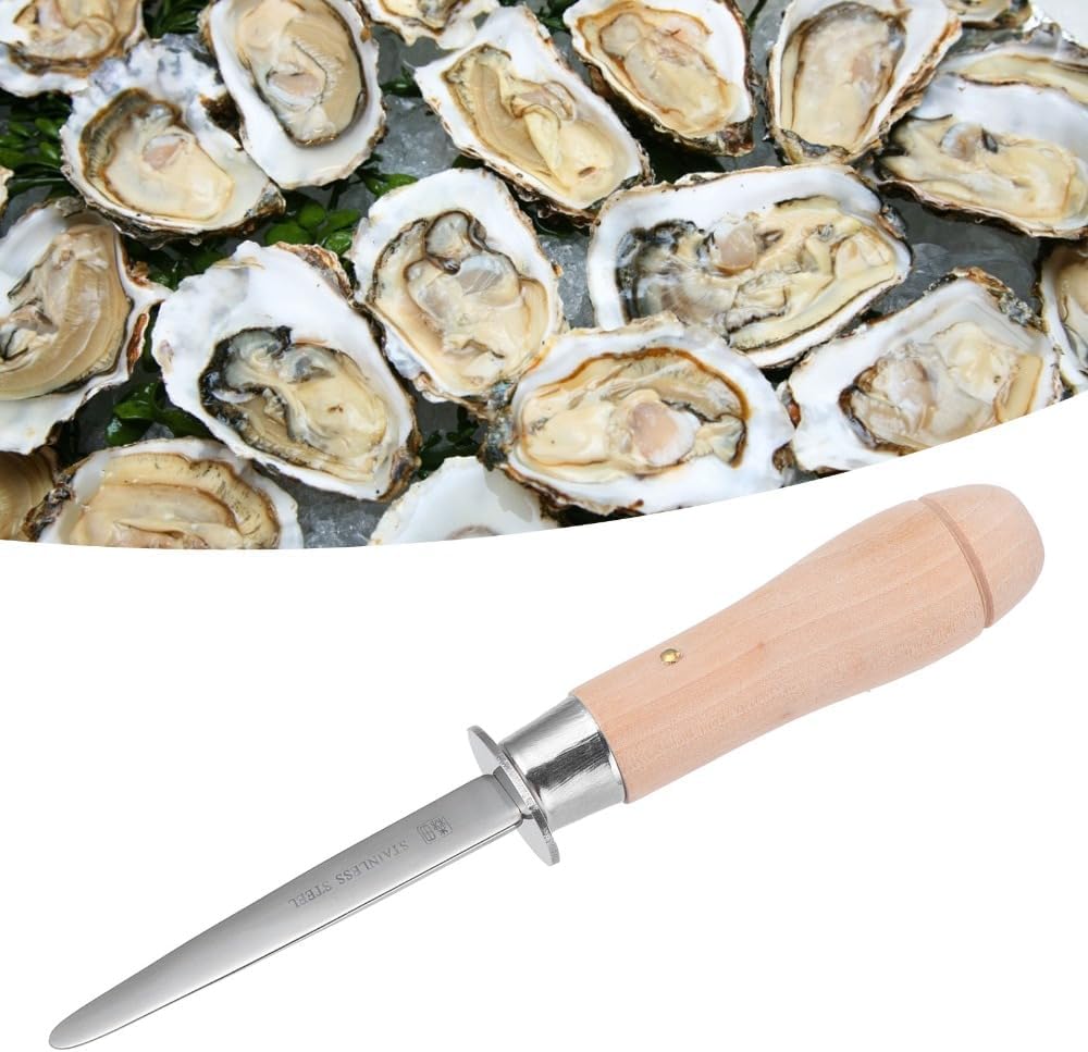 Stainless Steel Oyster Knife 8.19 Inch - Ergonomic Wooden Handle Oyster Opener Tool for Effortless Shucking of Clams and Mussels Seafood
