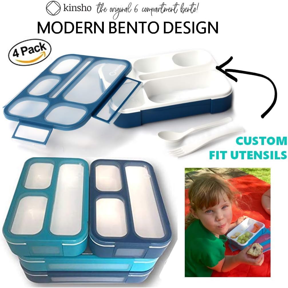 kinsho Bento Lunch-Box Set for Kids includes Snack Container | 6 and 3 Compartment Boxes Leakproof School Bentos, Meal Portion Control Containers, Boys Girls Adults, Navy Blue Large + MINI 2 Pack Set