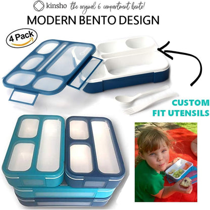 kinsho Bento Lunch-Box Set for Kids includes Snack Container | 6 and 3 Compartment Boxes Leakproof School Bentos, Meal Portion Control Containers, Boys Girls Adults, Navy Blue Large + MINI 2 Pack Set