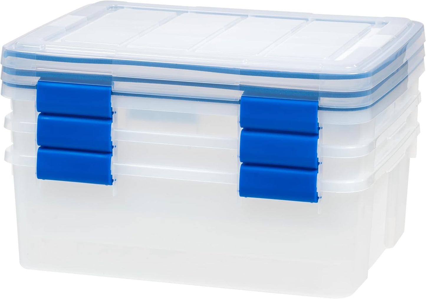 IRIS USA WeatherPro 16 Qt Storage Bins with Lids, 3 Pack, BPA-Free Plastic Gasket Box with Tight Latch and Seal, Stackable Nestable Tote Tub - Clear/Blue