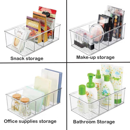 1 Pack Storage Organizer Bins, Plastic Bins Desk Organizer Containers with 4 Slots for Pantry, Kitchen, Fridge, Cabinet Packets, Snacks, Shelves, Pouches, Spice Packets