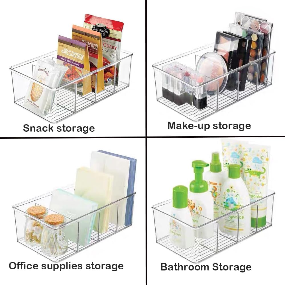 5 Pack Storage Organizer Bins, Plastic Desk Storage Bins Food Storage Organizer with 4 Slots for Pantry, Kitchen, Fridge, Cabinet Packets, Snacks, Pouches, Spice Packets