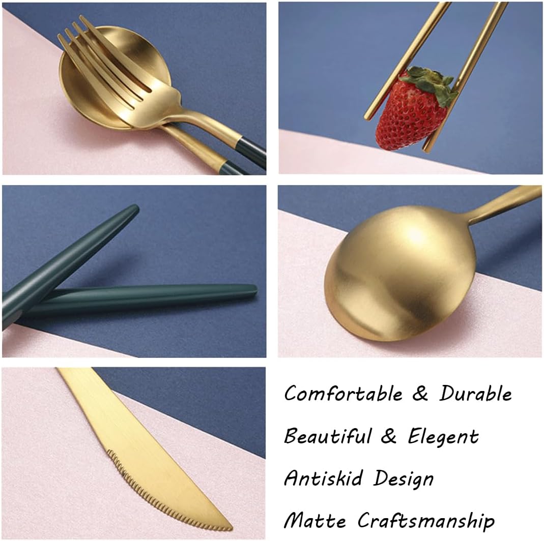 AARAINBOW 8 Pieces Stainless Steel Flatware Set Portable Reusable Cutlery Set Travel Utensils Set Including Chopsticks Knife Fork Spoon Straws Cleaning Brush Dishwasher Safe (Pink Golden)