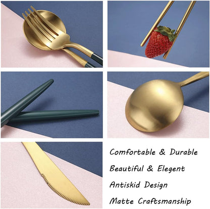 AARAINBOW 8 Pieces Stainless Steel Flatware Set Portable Reusable Cutlery Set Travel Utensils Set Including Chopsticks Knife Fork Spoon Straws Cleaning Brush Dishwasher Safe (Pink Golden)