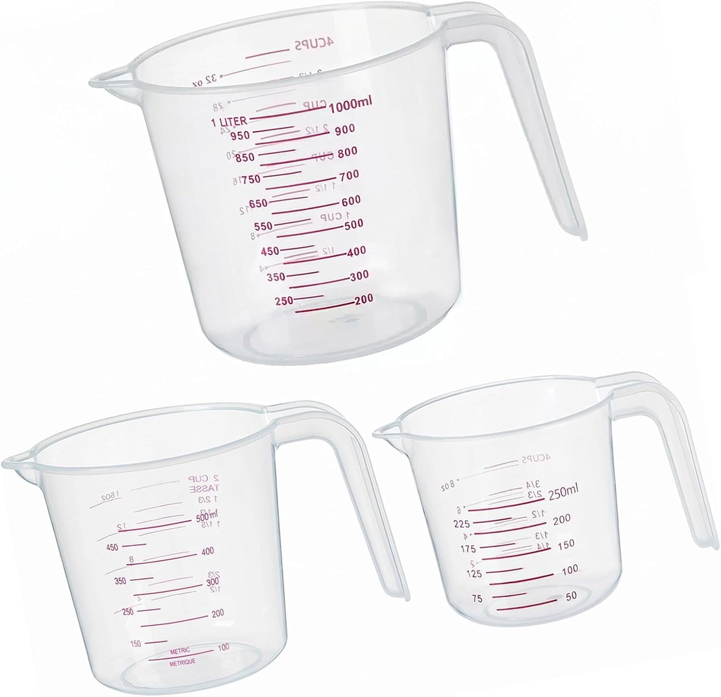 DTDNZKN 3 Pack Measuring Cup Set, Plastic Liquid Measuring Cups 250ml, 500ml & 1000ml - Clear Markings for Baking, Cooking, Mixing, Oil & Water Measurement - Essential Kitchen Tools