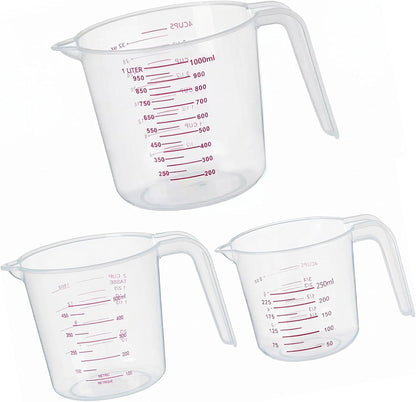 DTDNZKN 3 Pack Measuring Cup Set, Plastic Liquid Measuring Cups 250ml, 500ml & 1000ml - Clear Markings for Baking, Cooking, Mixing, Oil & Water Measurement - Essential Kitchen Tools
